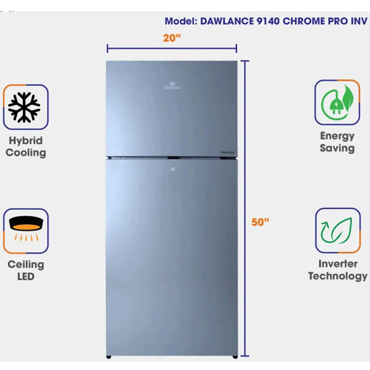 Dawlance 9140 Chrome Pro Inverter Double Door Refrigerator 8 Cubic Feet