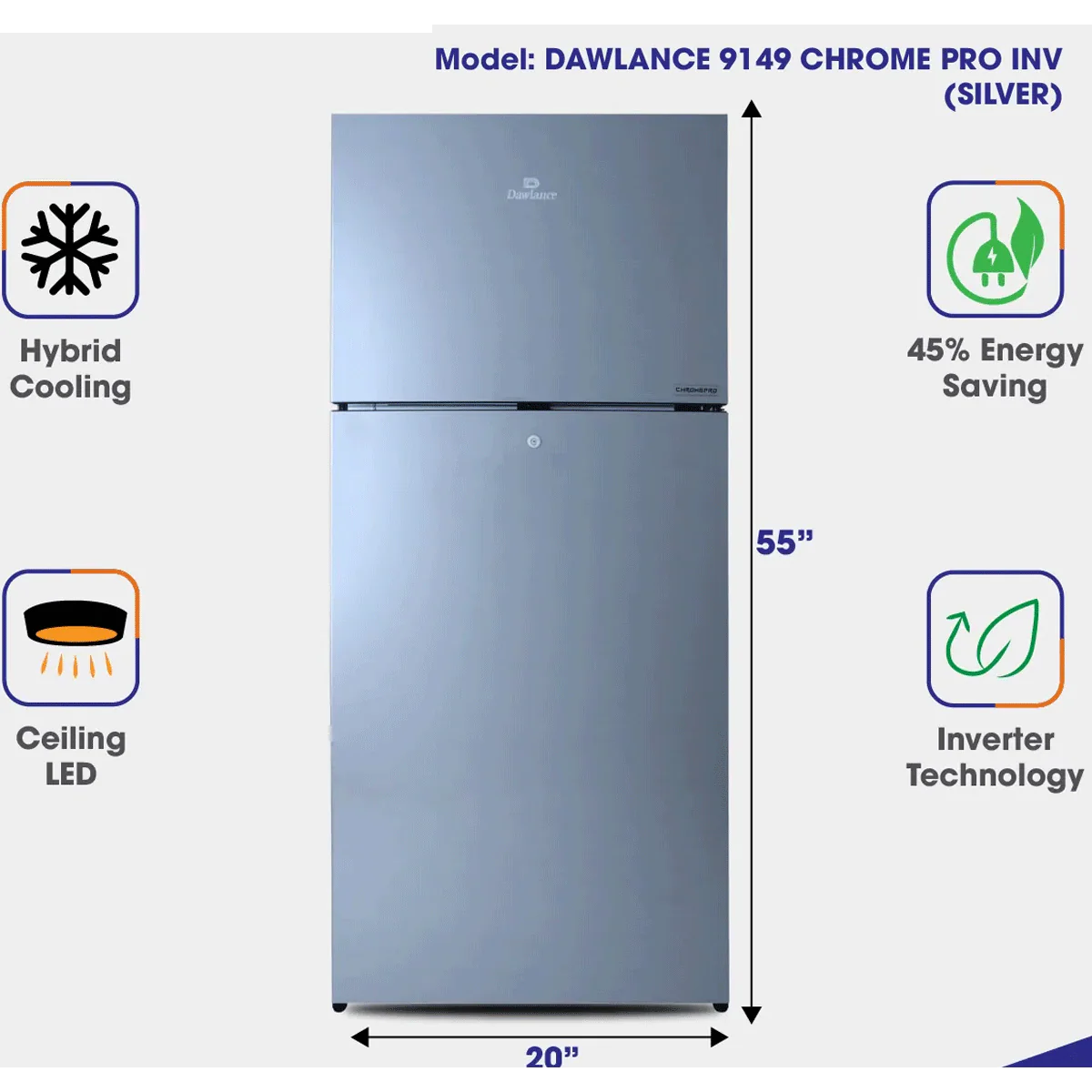 Dawlance 9149WB Chrome Pro  Inverter Double Door Refrigerator Silver 9 Cubic Feet