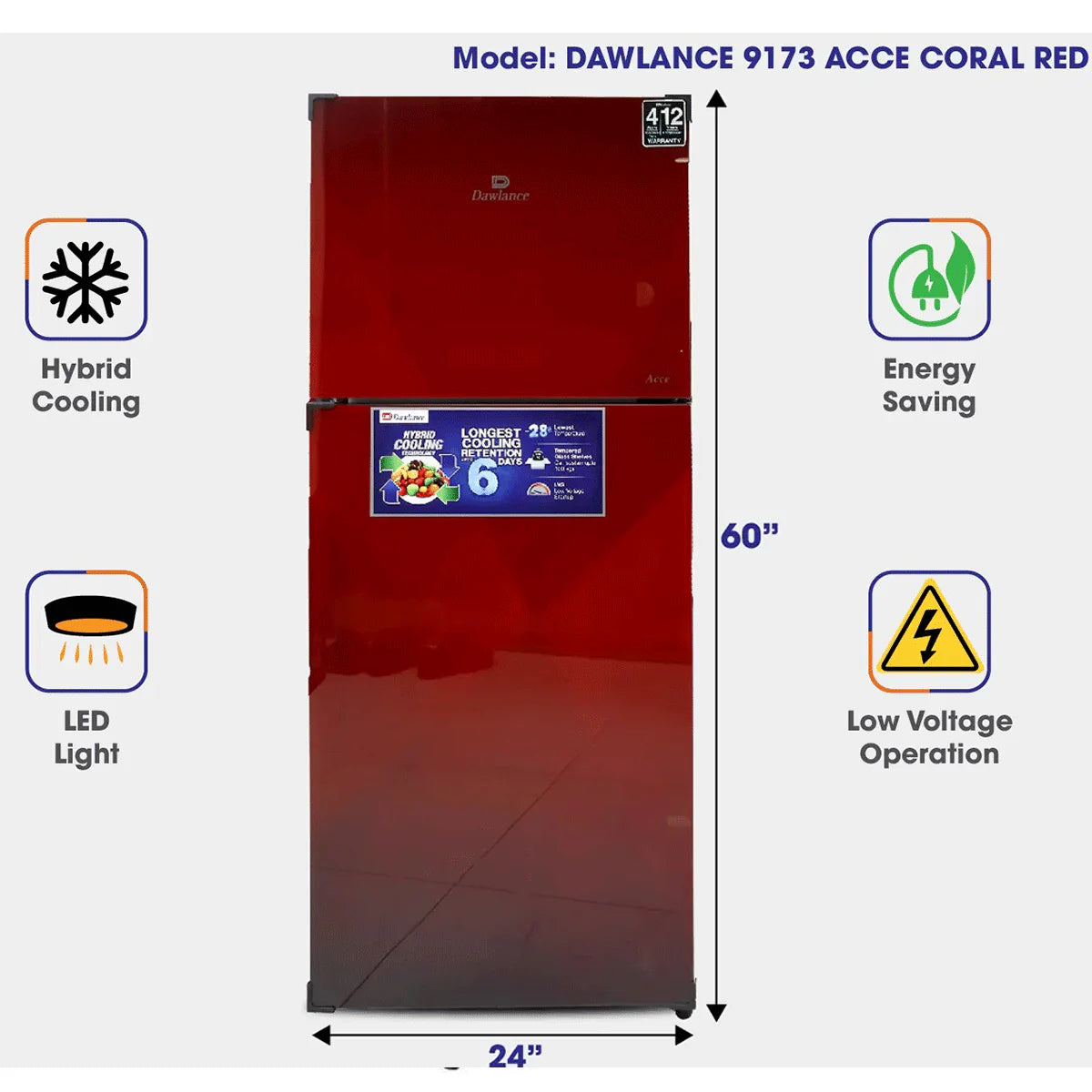 Dawlance 9173 ACCE Coral Red Double Door Refrigerator 12 Cubic Feet Hybrid Cooling