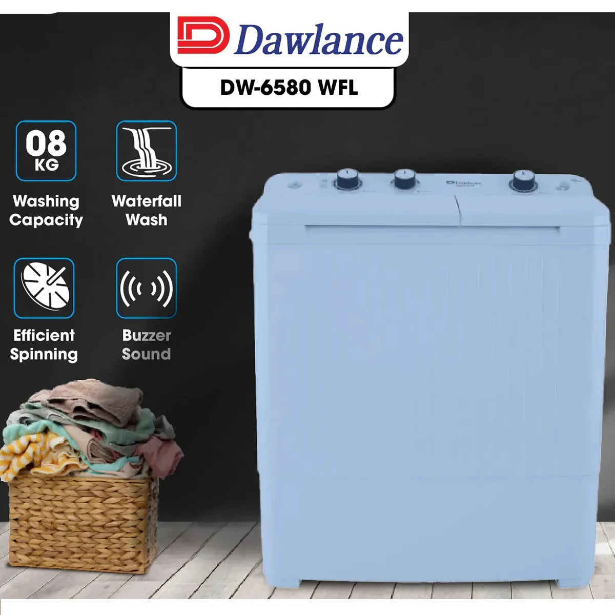 Dawlance DW-6580 WFL Twin Tub Washing Machine 8KG Capacity Energy Efficient
