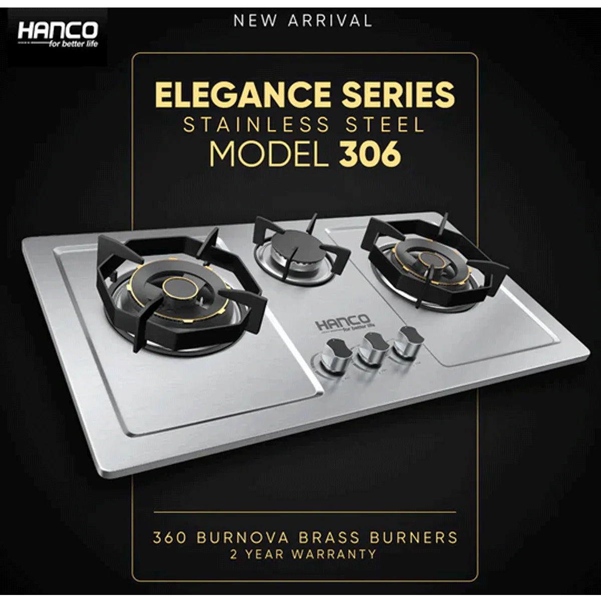 HANCO Hob Model 306 - Elegance Series - Burnova Brass Burners - Auto Ignition Stove - Latest Model